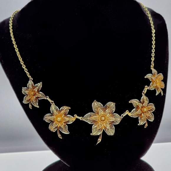 Vintage 1940's Topazio Sterling Silver Filigree Gilt Floral Necklace - Picture 2 of 9